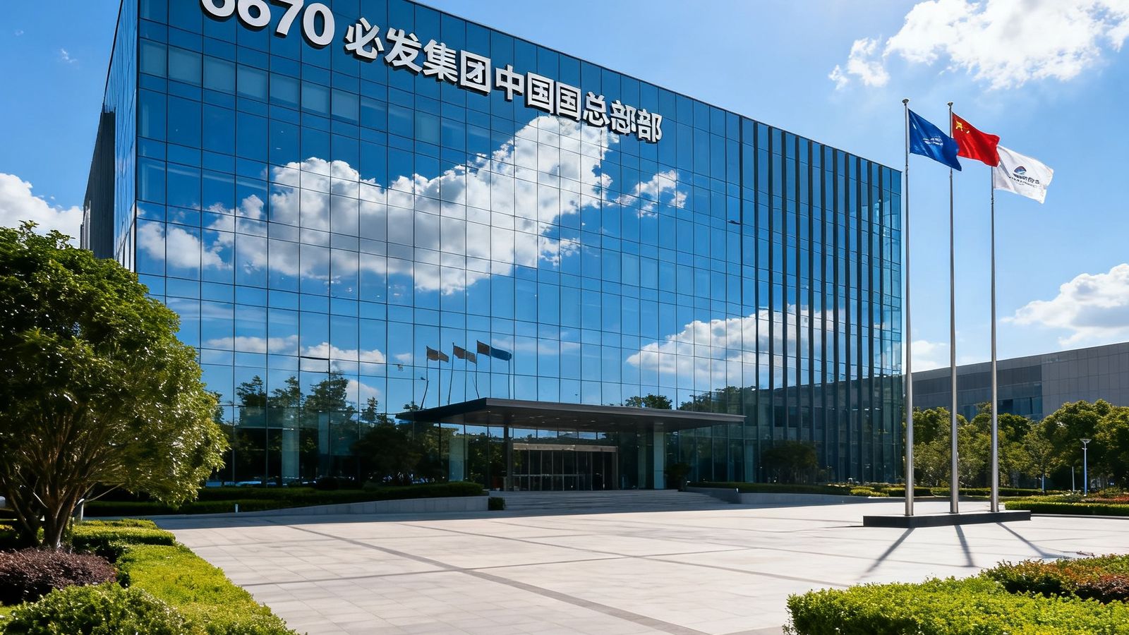 6690必发集团中国总部现代化办公大楼外景，玻璃幕墙映射蓝天白云，楼前广场绿植环绕，企业旗帜迎风飘扬