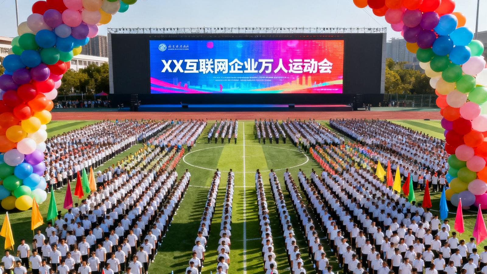 知名互联网企业万人运动会现场全景，彩色气球拱门、巨型LED屏幕、员工方阵整齐排列