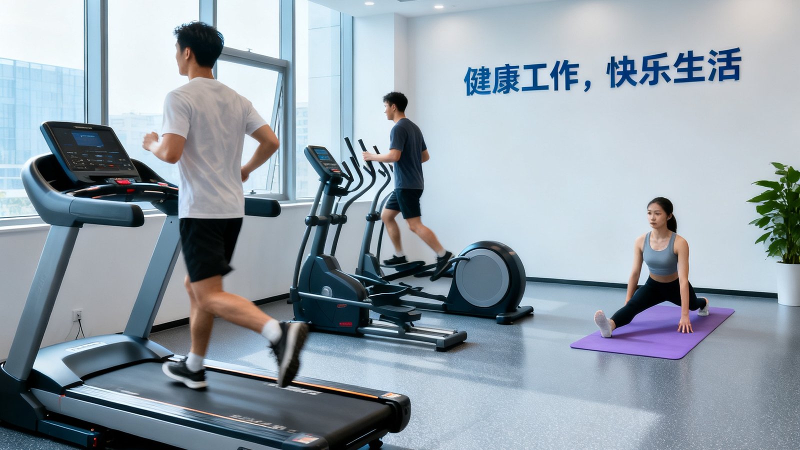 现代化企业办公室内设立的员工健身专区，配备跑步机、椭圆机和瑜伽区，几位员工正在午休时间锻炼