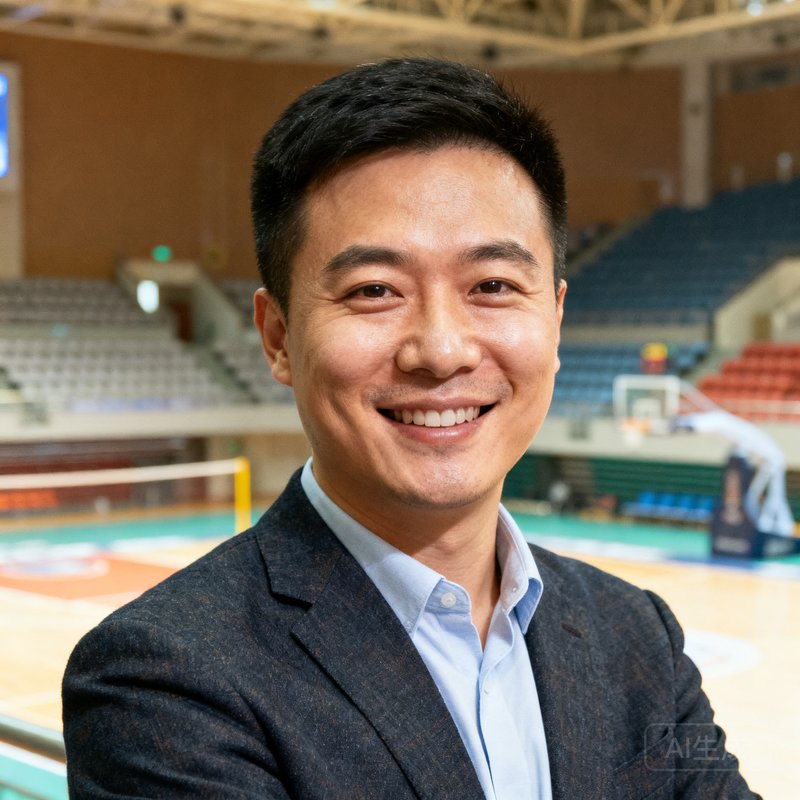 6690必发集团运营总监李思远半身照，面带微笑，穿着商务休闲装站在体育场馆内