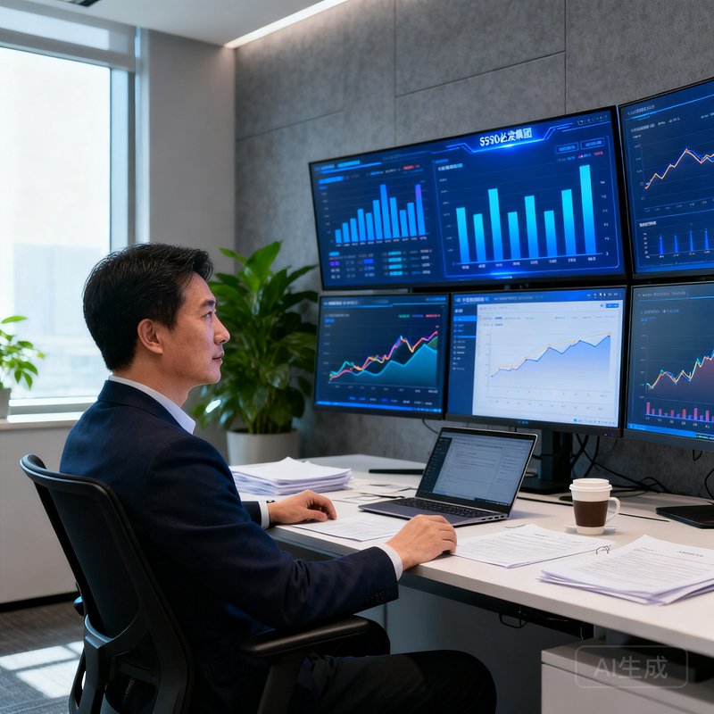 6690必发集团技术总监赵明哲在办公室工作的场景，面前多块屏幕显示数据看板